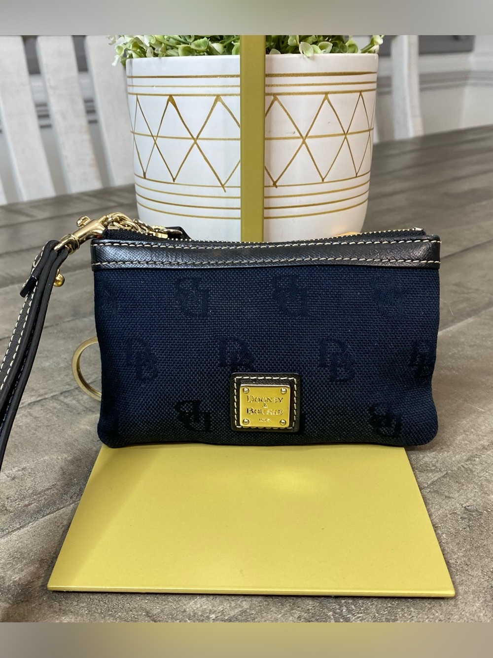 Dooney & Bourke Navy Monogram Fabric Wristlet Key Chain Coin Purse Wallet